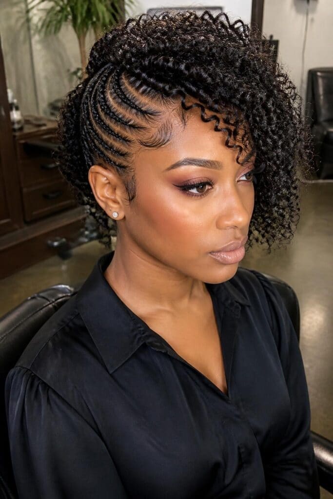 15. Cornrows with Curly Side Swept Fringe