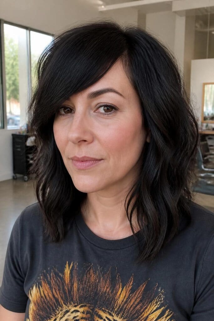 15. Medium Hair With Asymmetrical Bangs