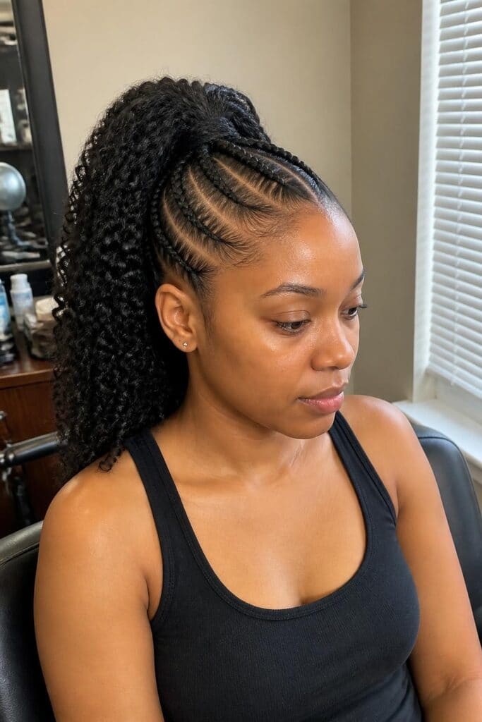 2. Feed-In Cornrows with Curly Ponytail