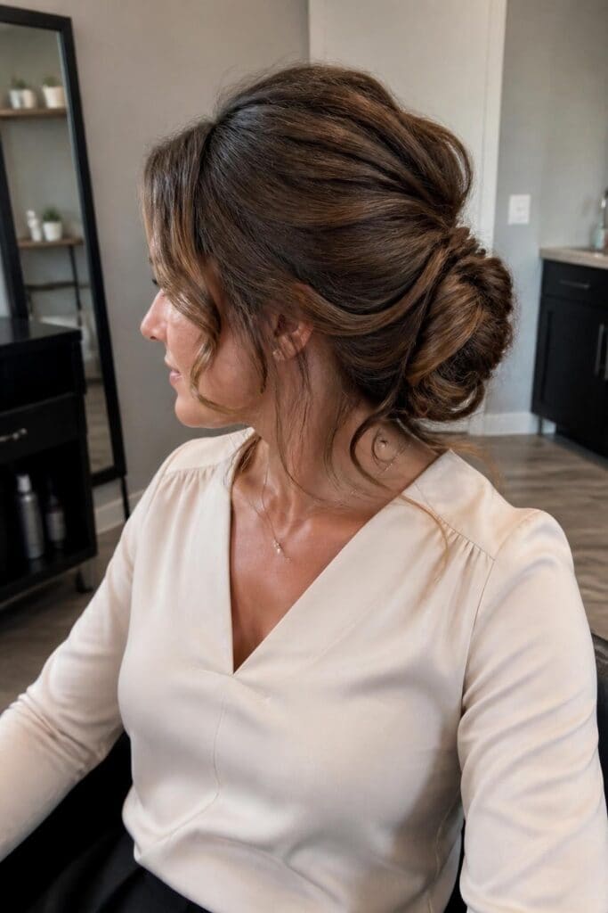 2. Low Twisted Chignon with Soft Curls