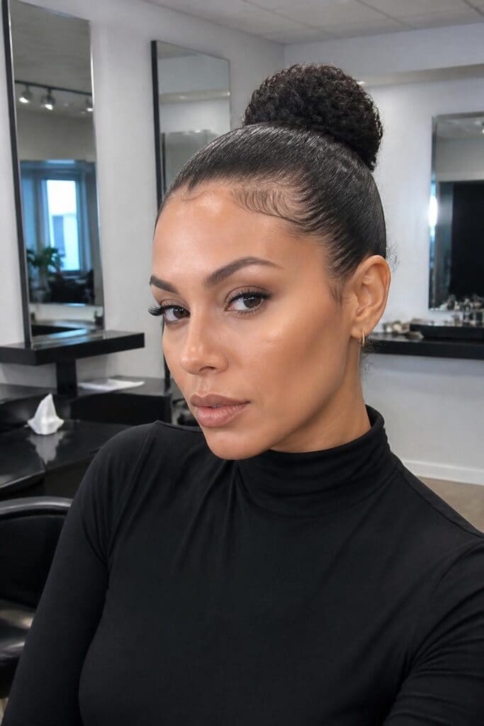 3. The Sleek Slicked Back Curly Bun