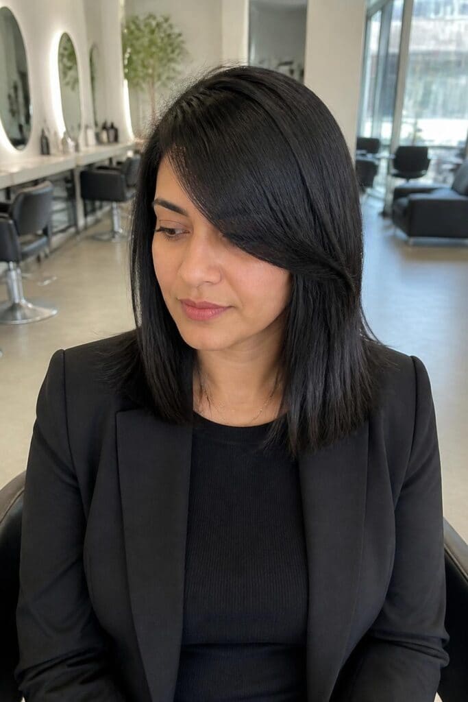 4. Sleek Medium Cut With Side Swept Bangs