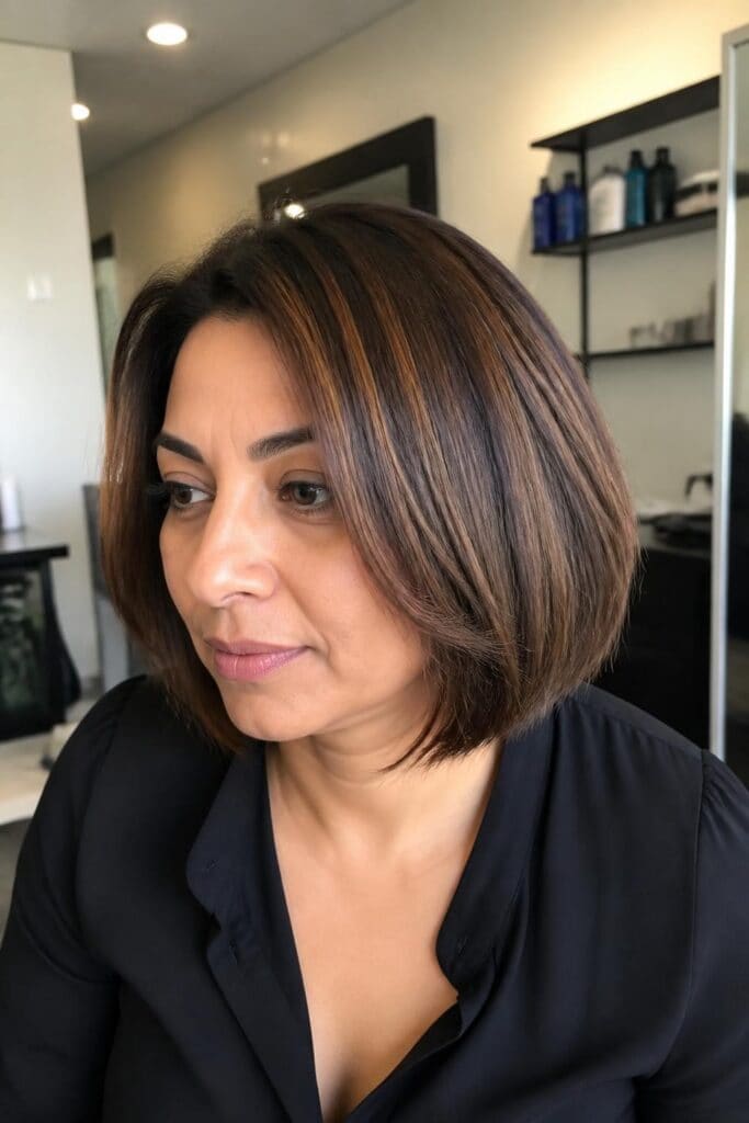 5. Caramel Highlights on Dark Brown Bob
