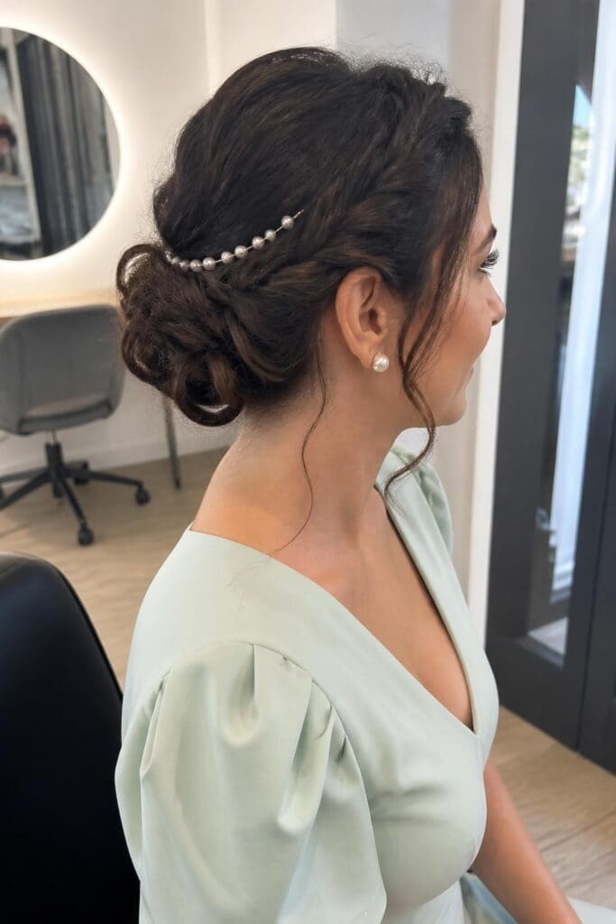 6. Braided Low Bun with Pearls