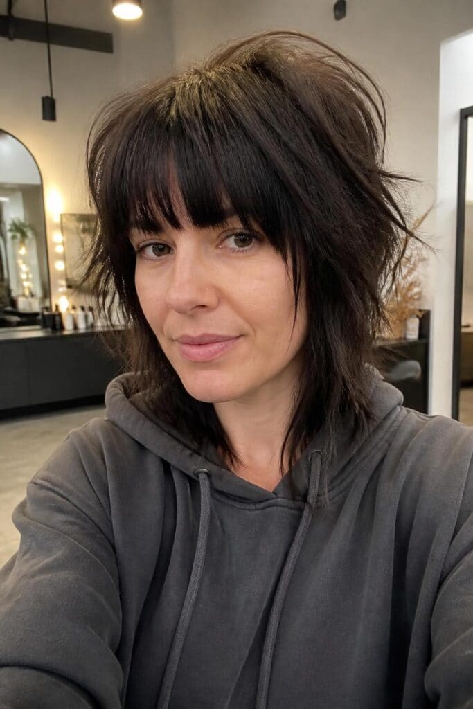 6. Messy Wolfcut with Bangs