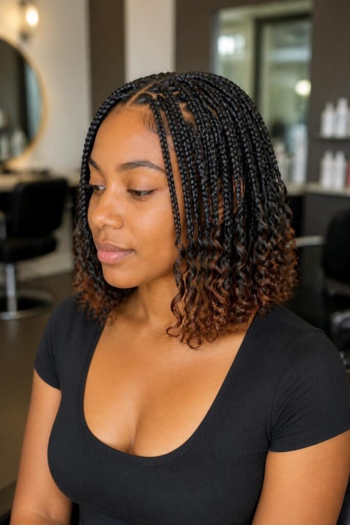 7. Bob Length Knotless Braids with Curly Ends