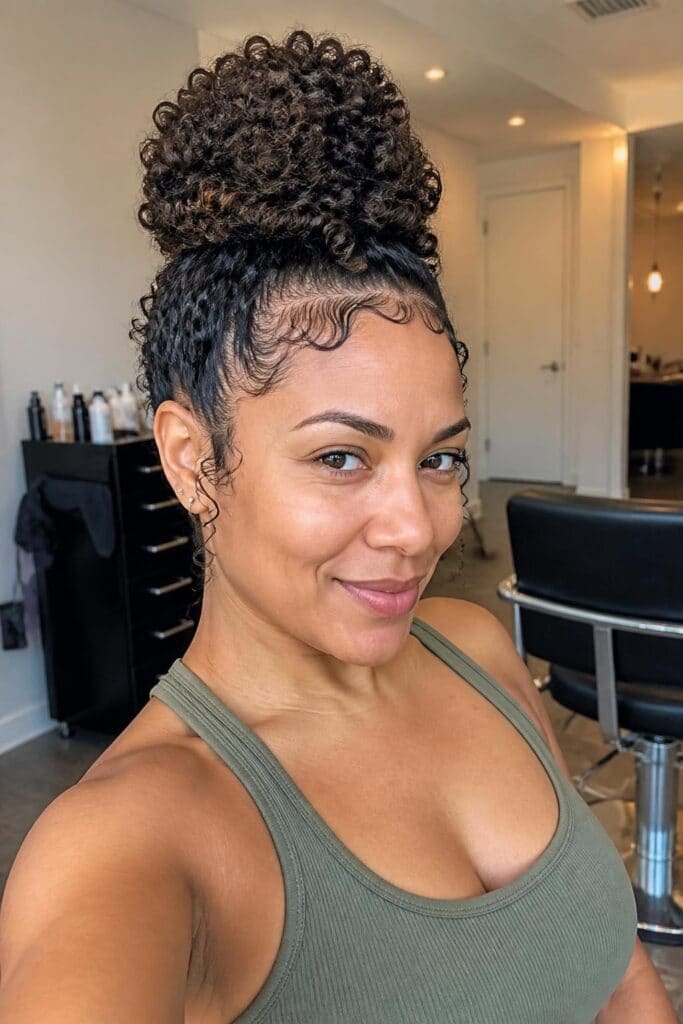 7. The Curly Top Knot with Baby Hairs
