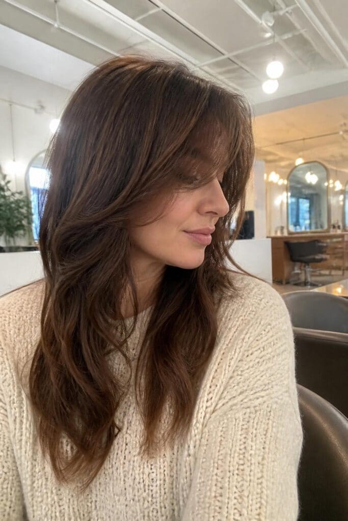 8. Long Wolf Cut with Side Swept Bangs