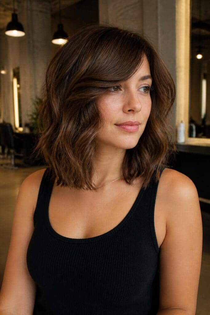 9. Lob with Side Swept Bangs