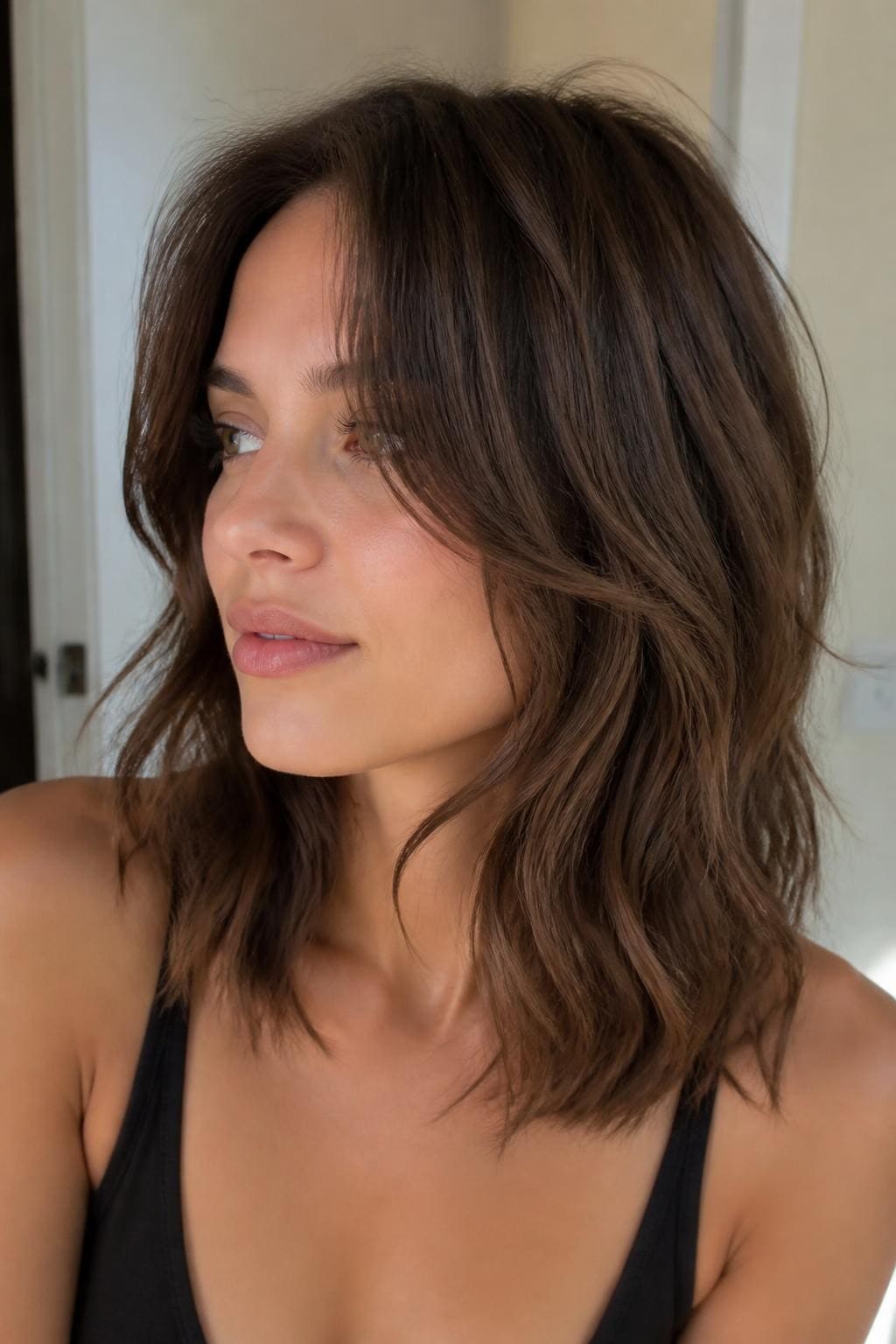 Woman with tousled wavy hush cut for medium hair, medium-length hair