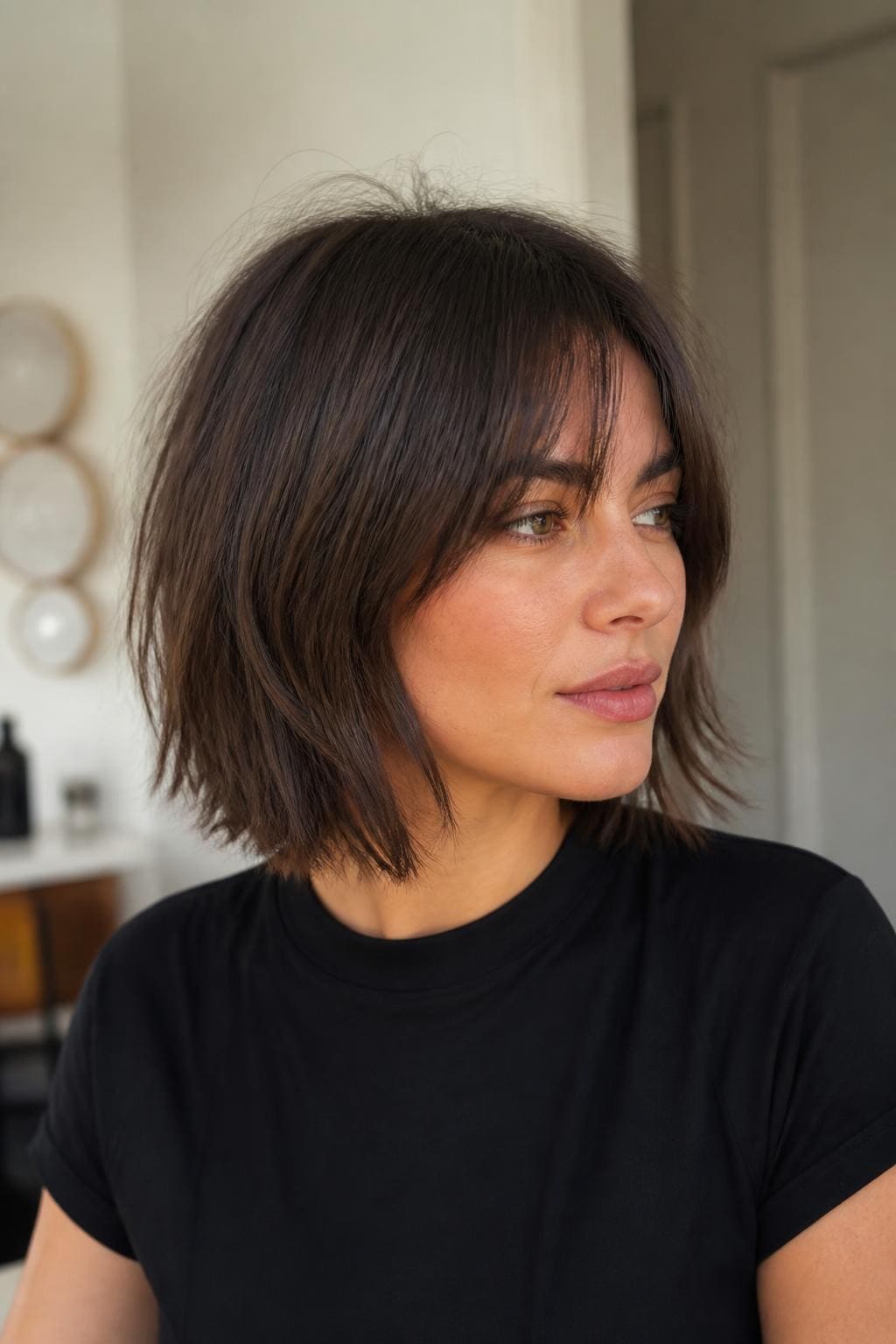 Woman with shaggy bob on straight hair