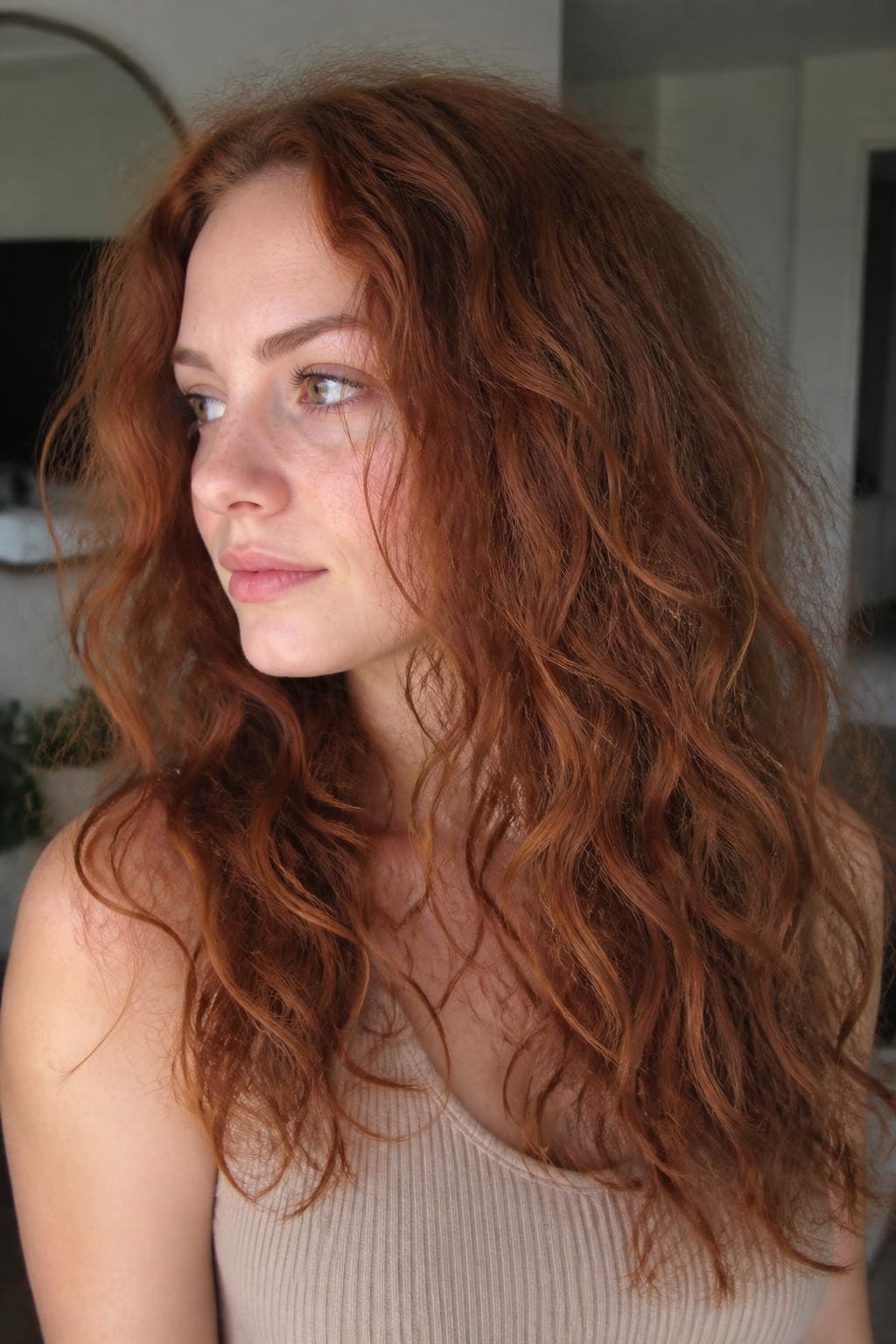 Woman with diffused natural frizzy wavy hair with defined S-waves and texture